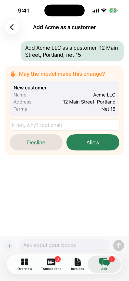 Saybooks on iPhone: the model asks to add a new customer, with Decline and Allow