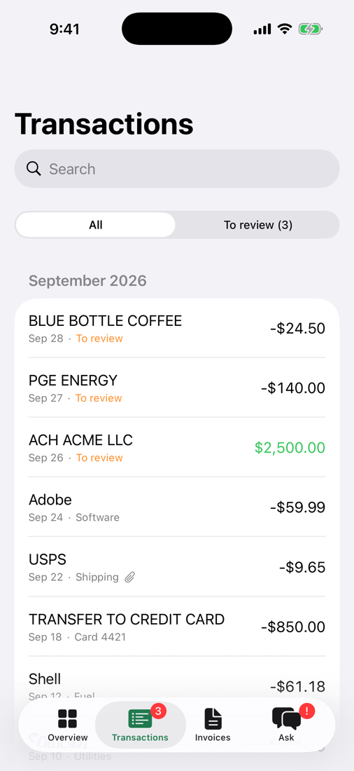 Saybooks on iPhone: September transactions, three waiting for review